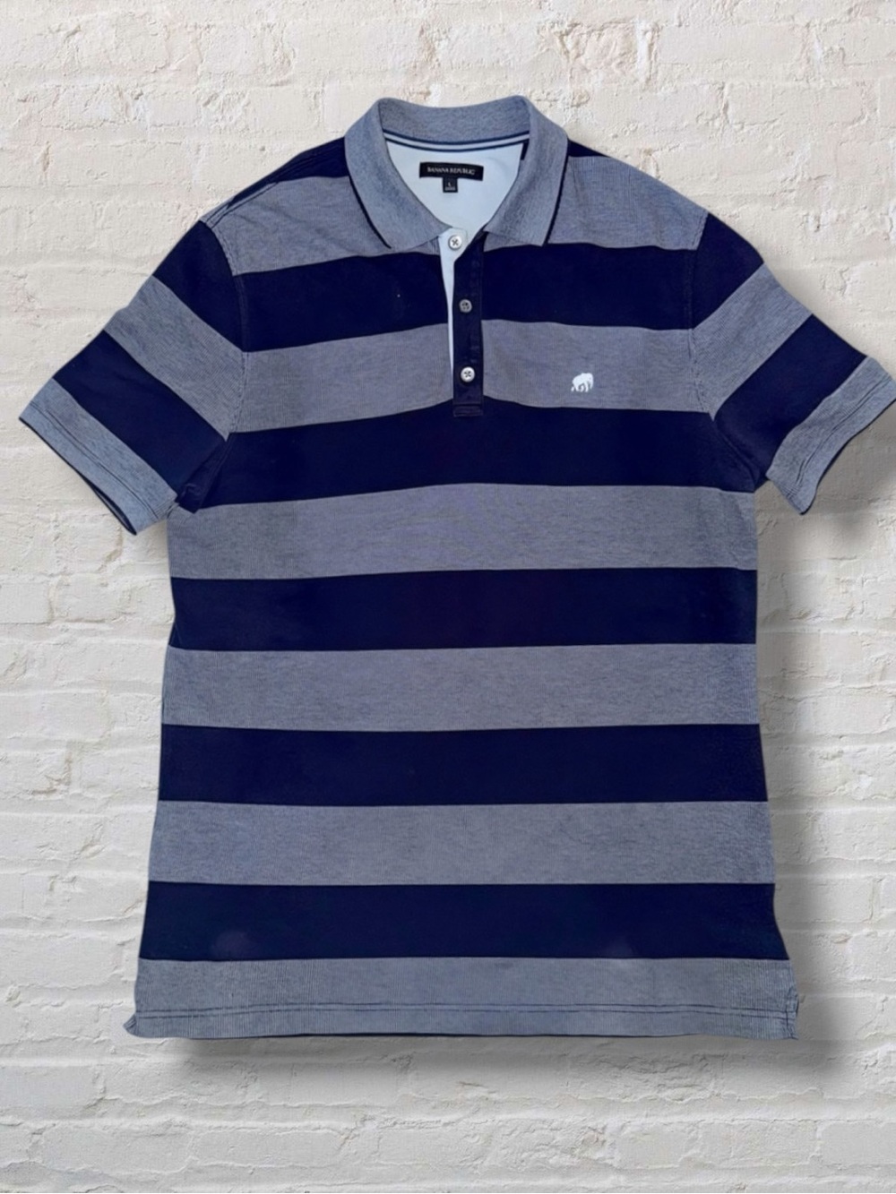 Banana Republic Striped Polo Shirt Men’s Large Navy Gray Knit Elephant Logo